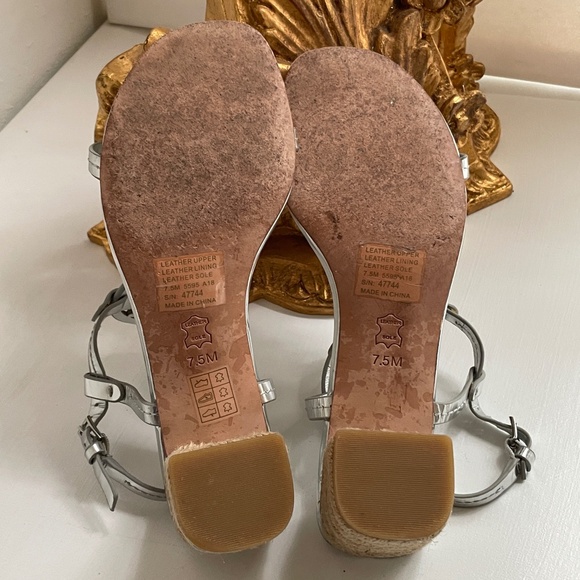 Tory Burch Womens 7.5 Metallic Leather Logo Sandals Espadrille Heels Coastal - Picture 10 of 12